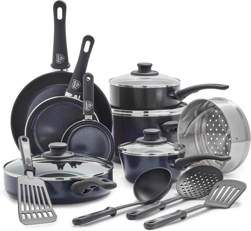 GreenLife Soft Grip Ceramic Nonstick Cookware Set, 16-Piece