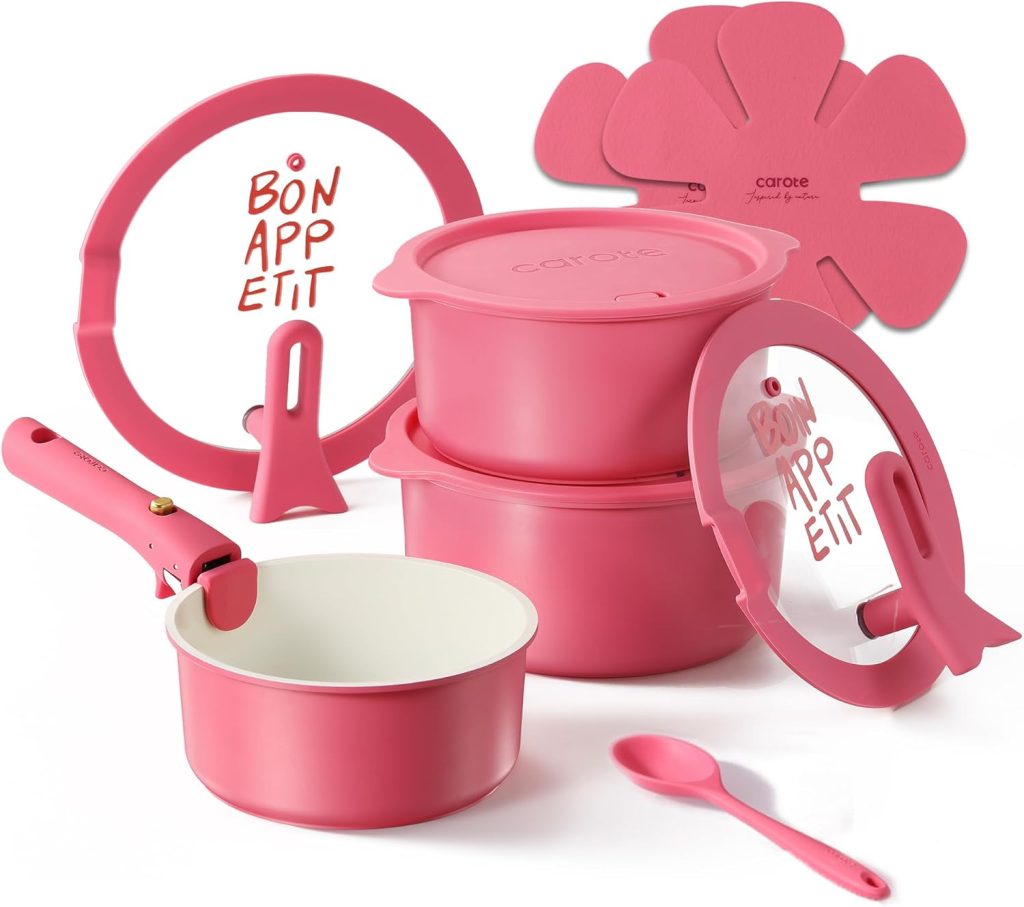 Carote 11-Piece Pots and Pans Set, Nonstick Cookware Set (Pink Granite)