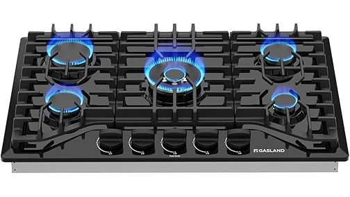 The image shows a sleek, modern six-burner gas cooktop, perfect for a best 16 gas cooktop 6 burner review.