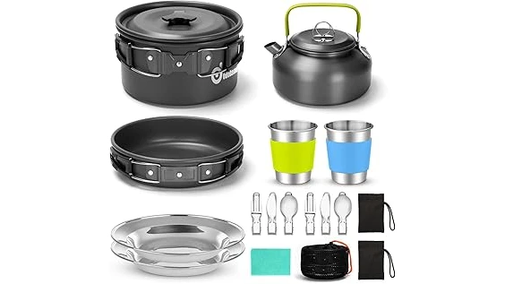 The image shows a collection of 21 best cookware pans suitable for hiking and outdoor cooking.