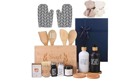 The image shows a collection of shiny, new cookware, perfect for a housewarming gift.