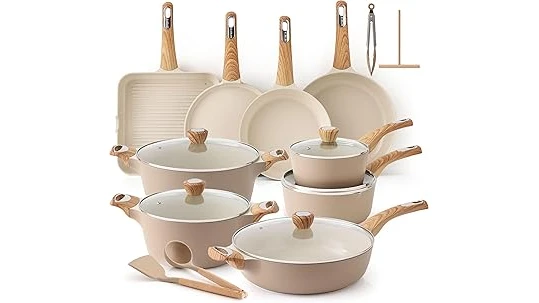 The image shows a beautifully arranged collection of essential cookware pieces, perfect for a wedding gift registry.