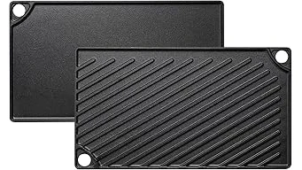 The image shows a versatile cast iron griddle, ideal for cooking multiple items on a stovetop.