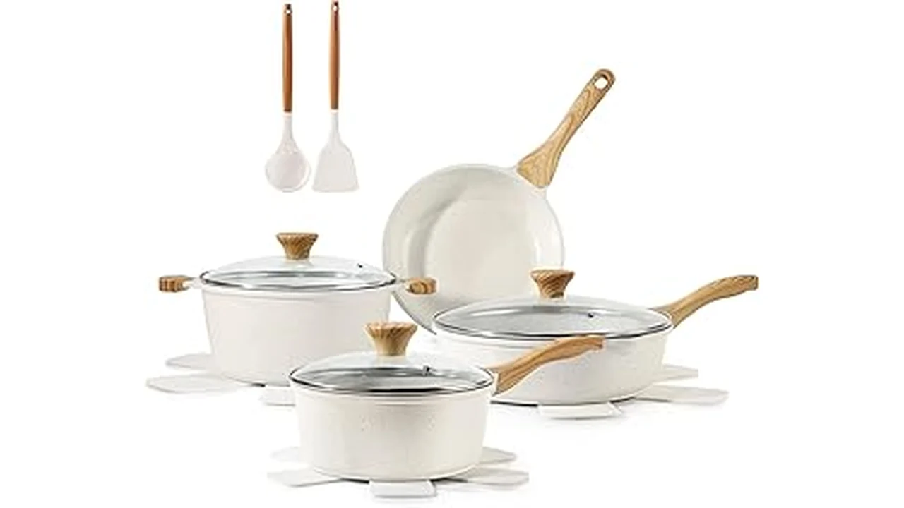The image shows a collection of shiny, modern pots and pans, likely part of the Best 51 Healthy Cookware Set.