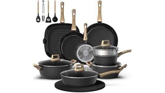 The image shows a beautiful arrangement of various high-quality cookware pieces, representing best-selling long-lasting brands.