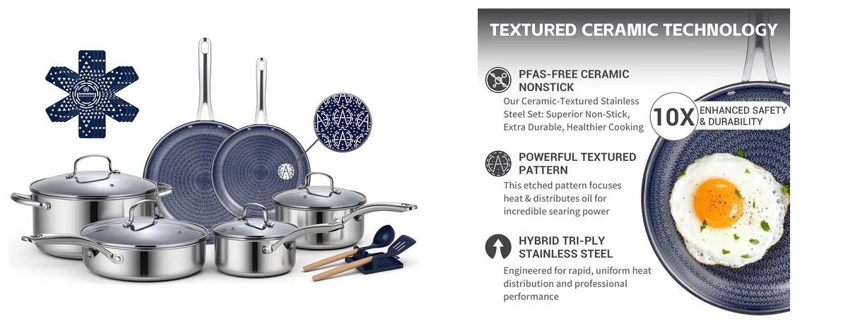 Ammeloo 17 Pcs Nonstick Stainless Steel Cookware Set images