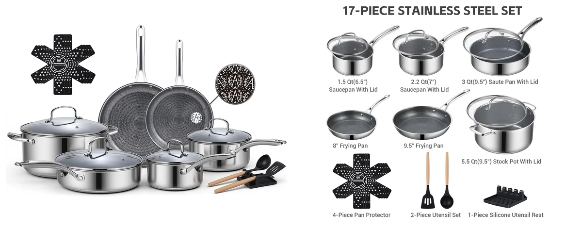 Ammeloo 17 Pcs Nonstick Stainless Steel Cookware Set images