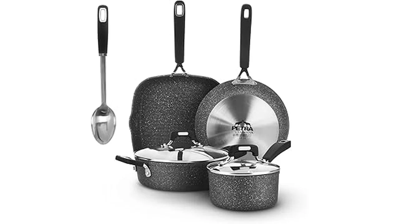 The image shows a collection of high-quality cookware suitable for an induction cooktop, perfect for the best brands.