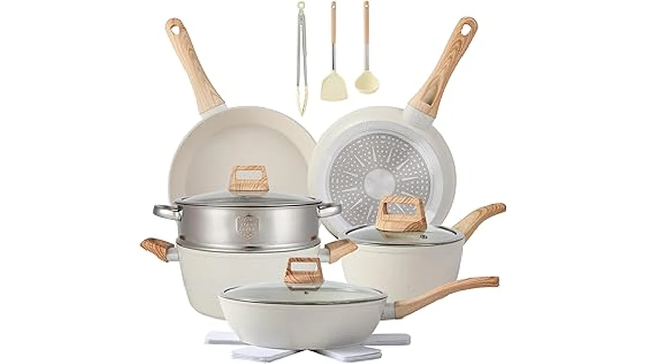 The image shows a collection of shiny, new cookware sets, perfect for a beginner's kitchen.
