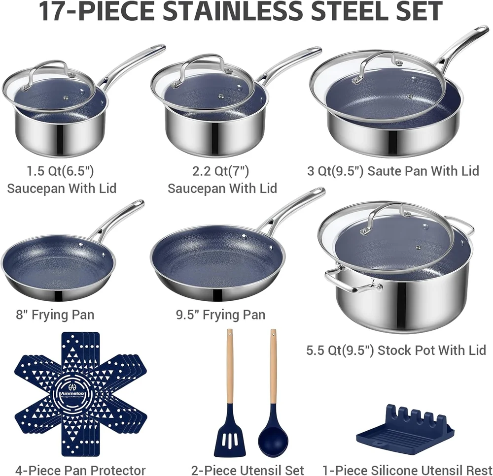 Ammeloo 17 Pcs Nonstick Stainless Steel Cookware Set