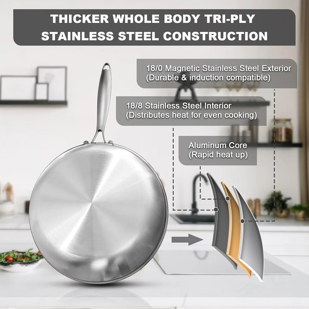 EWFEN 12 Inch Tri-Ply Stainless Steel Frying