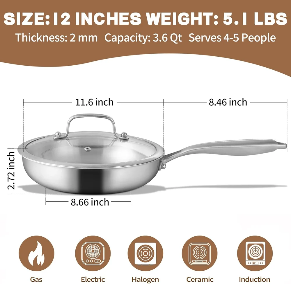 GOLDEN KEY 12 Inch Tri-Ply Stainless Steel Frying