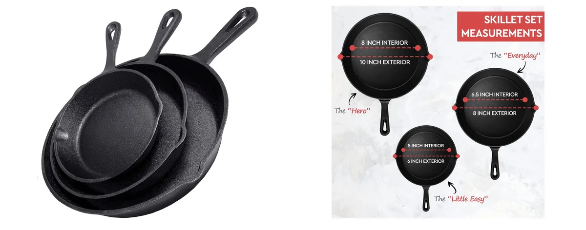 Simple Chef Cast Iron Skillet 3-Piece Set w/Cookbook images