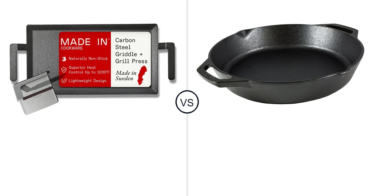 Comparison of Made In Cookware - Carbon Steel Griddle + and Lodge Seasoned Cast Iron Dual Handle Pan