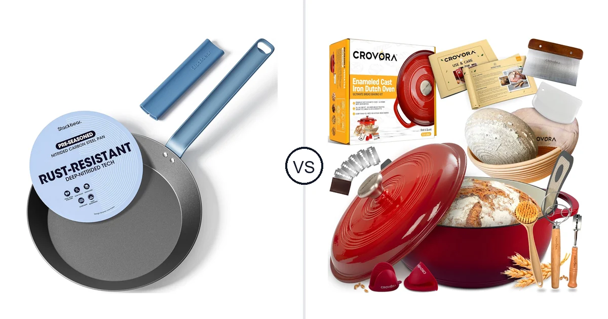 Comparison of stackbear Carbon Steel Frying Pan 10 Inch and Crovora 6 QT Enameled Cast Iron Dutch