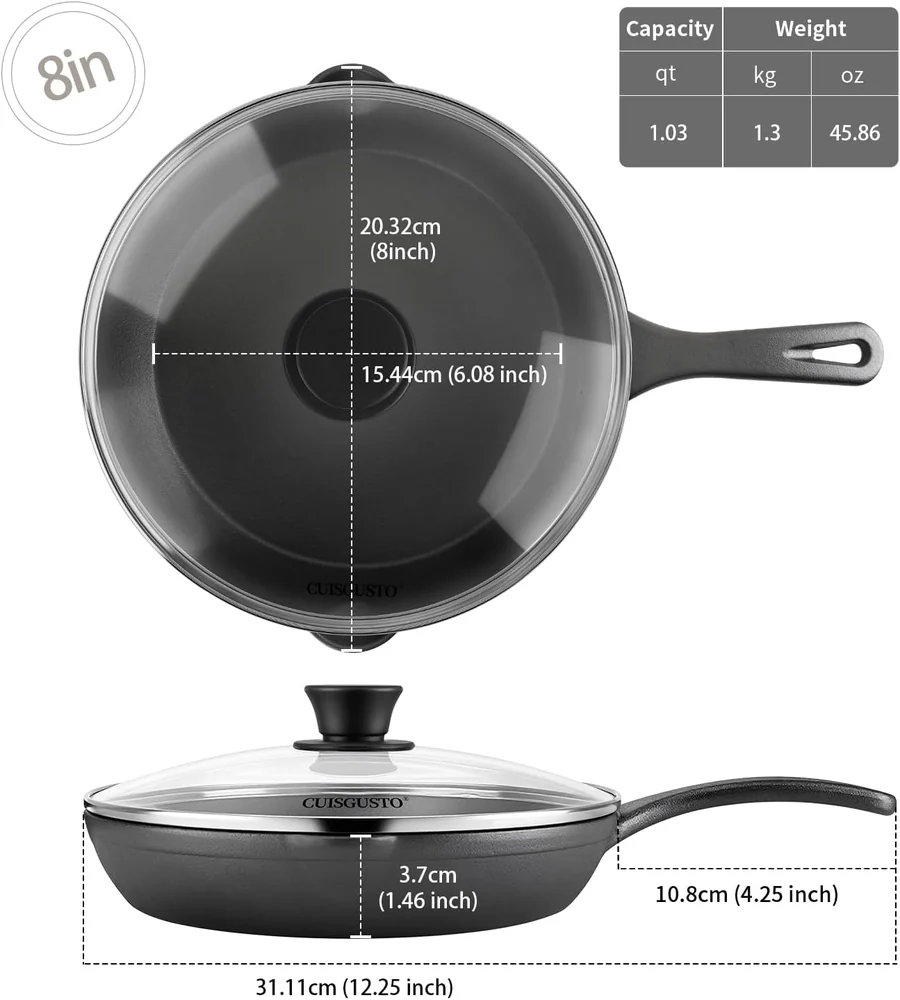 CUISGUSTO 8 Inch Cast Iron Skillet