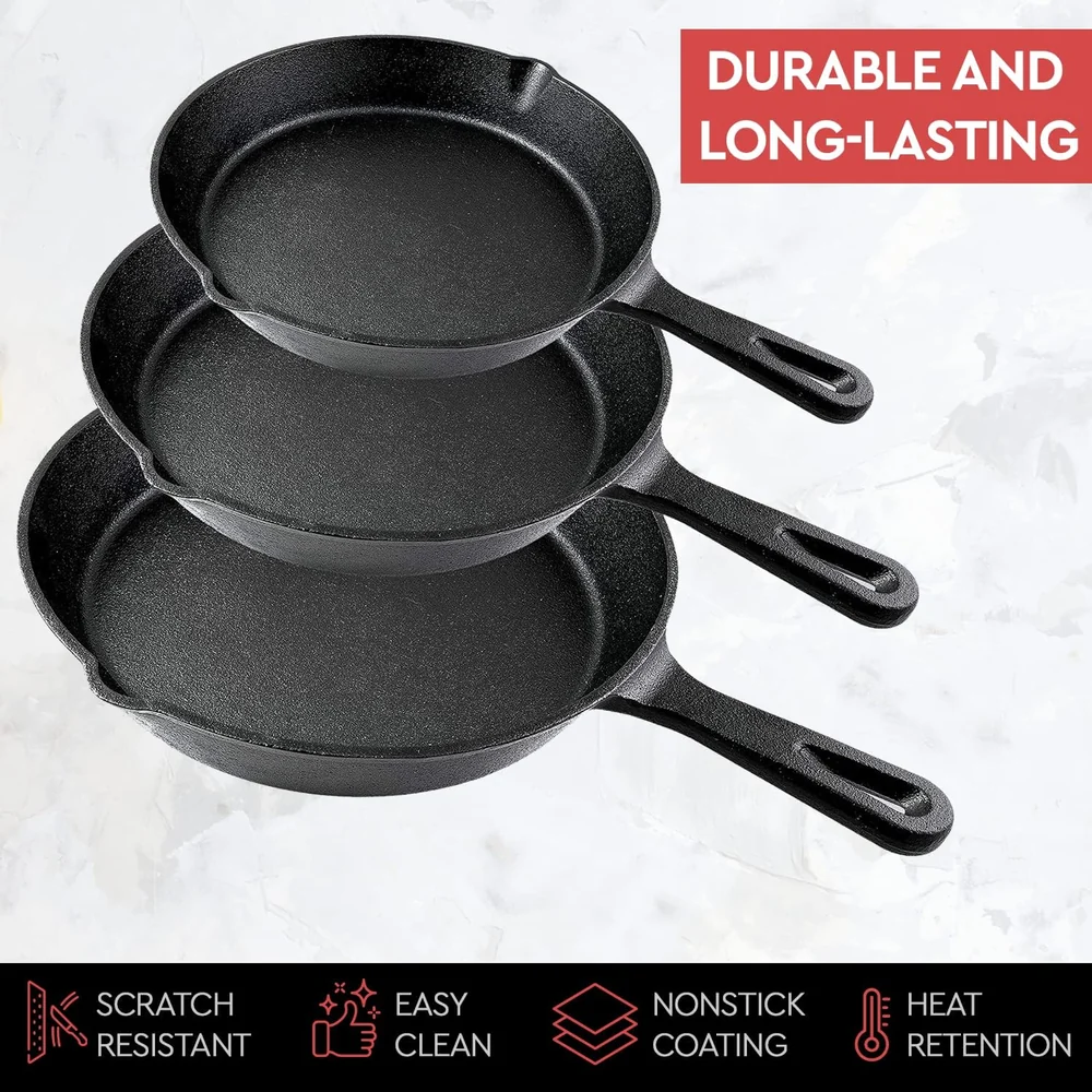 Simple Chef Cast Iron Skillet 3-Piece Set w/Cookbook