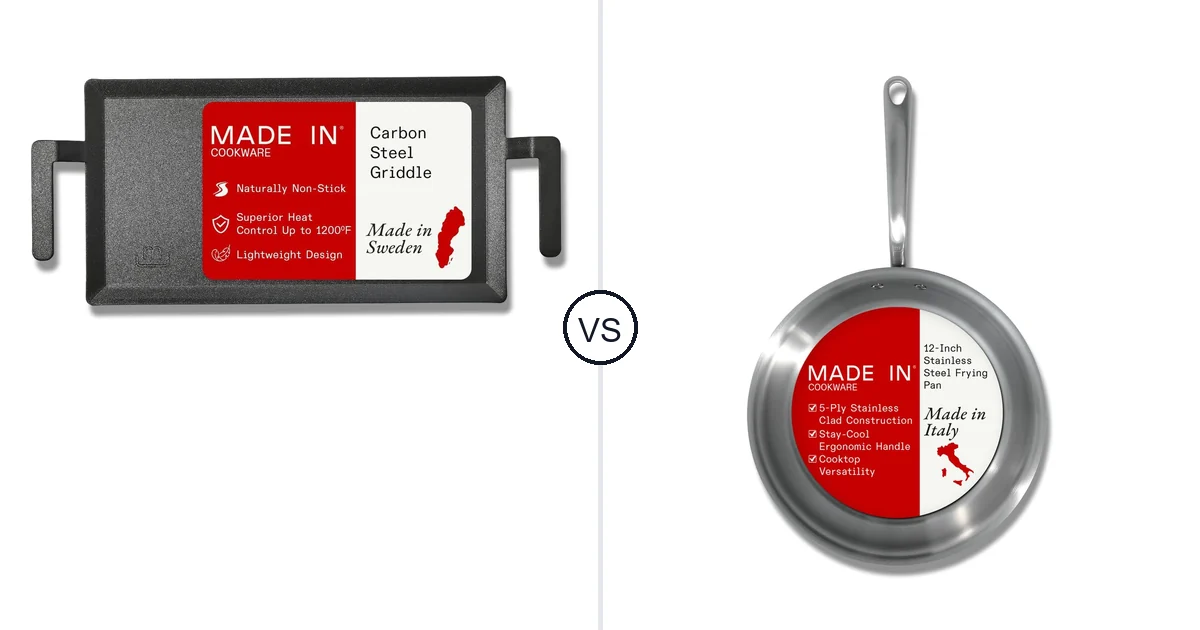 Comparison of Made In Cookware - Carbon Steel Griddle - and Made In Cookware - 12-Inch Stainless Steel Frying